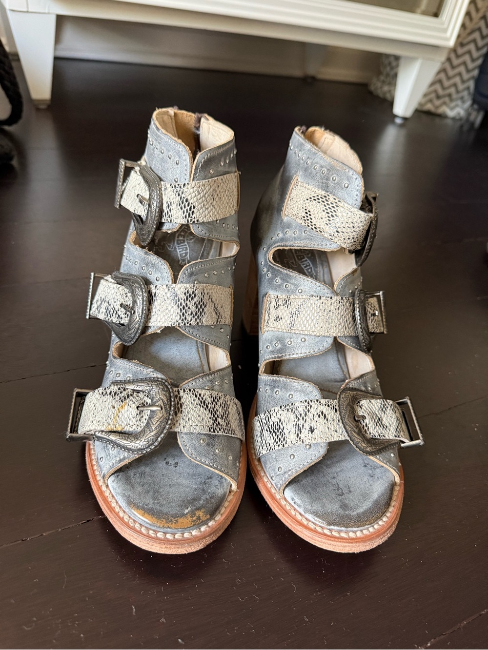 freebird Gray Leather Multi-Buckle Open-Toe Sandals